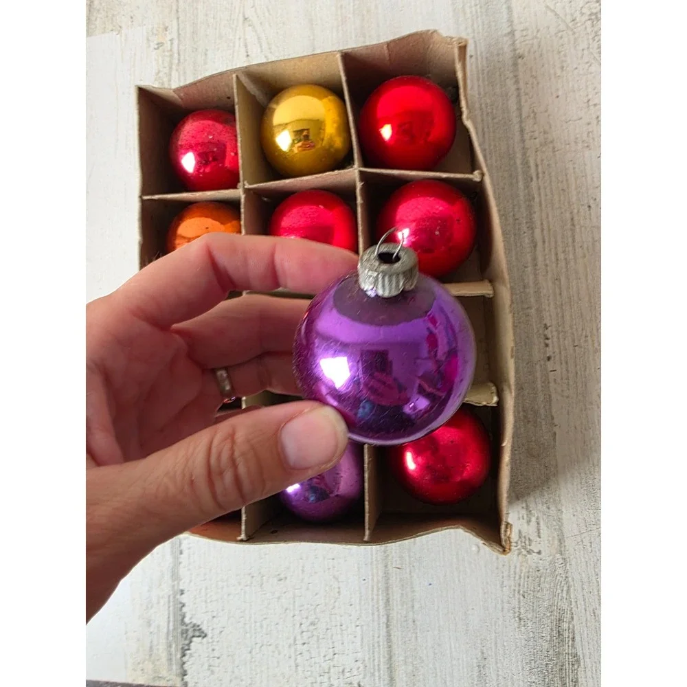 Vintage shiny Brite solid mercury glass ornament set box purple orange pink red